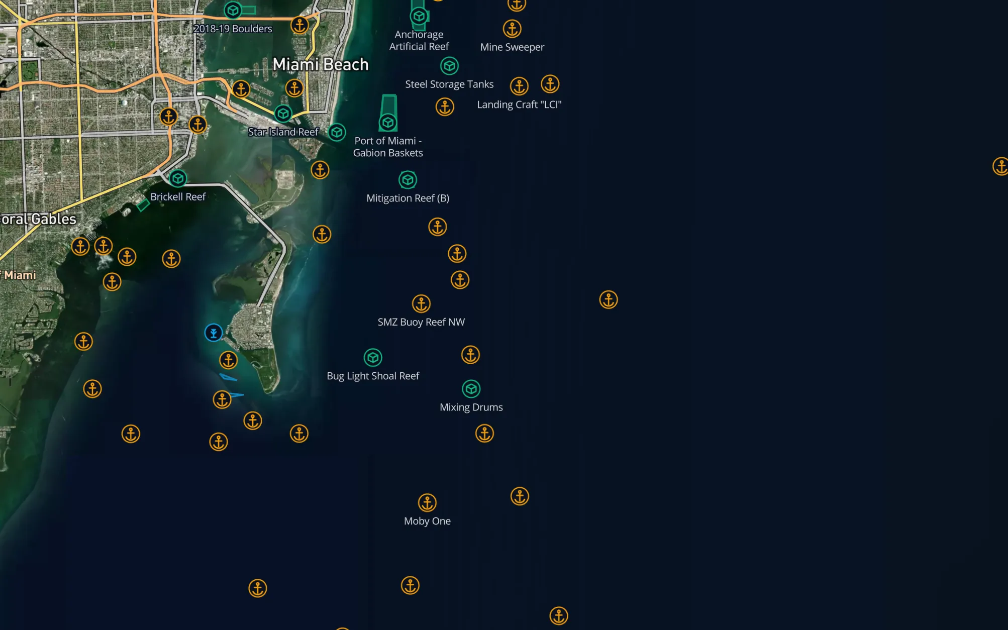 The Submarius reef and wreck map layer off Miami, showing named wrecks and artificial reefs