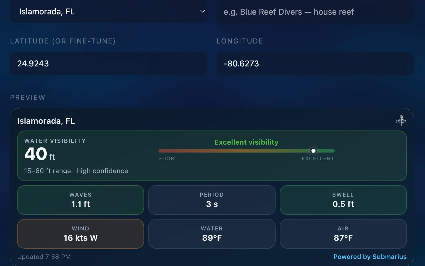 The Submarius widget builder showing a live conditions card for Islamorada, Florida